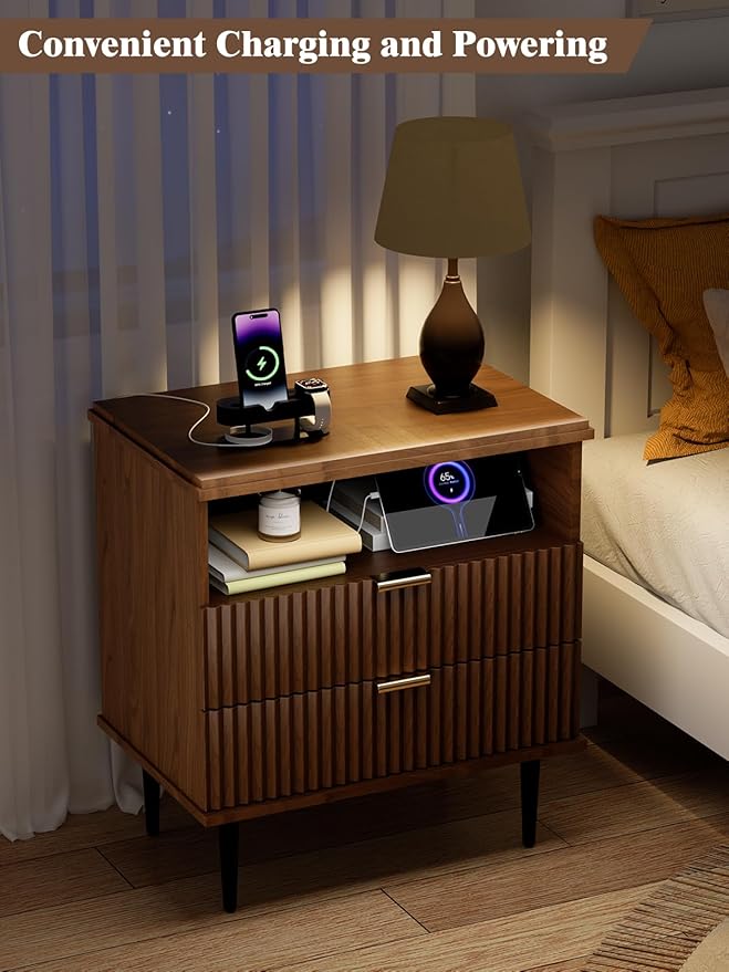 Nightstand with Charging Station, Wide Fluted Nightstand, Wood for Bedroom, Black Dresser with Storage Drawers, Bedside Table with Metal Handle & Leg (Walnut Set of 2, 23.3)