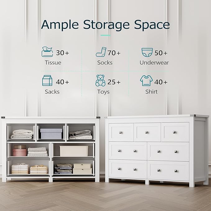 Dresser for Bedroom with 7 Drawers, Farmhouse Wood Chest of Drawers, Wide TV Stand Closet Storage Furniture with Metal Handle, Modern Clothes Organizer for Hallway, Living Room, Entryway, White