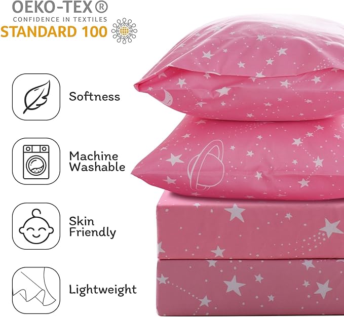 JSD Gradient Pink Moon Stars Kids Sheet Set Full Size, 4 Piece Space Theme Microfiber Sheets Deep Pocket