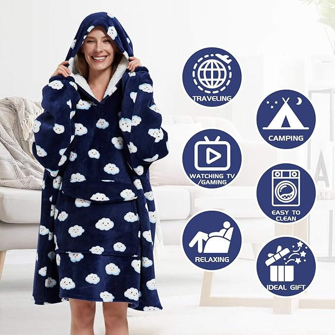 Wearable Blanket Hoodie for Adult,Oversized Sherpa Fleece Blanket Hoodie for Women Men,Navy Blue Cloud