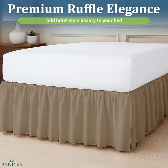 Rajlinen Ruffled Bed Skirt King, 21 Inch Drop Dust Ruffle with Split Corners, 100% Microfiber Bedskirt with Platform, Three-Sided Coverage Ruffled Gathering Design, Taupe