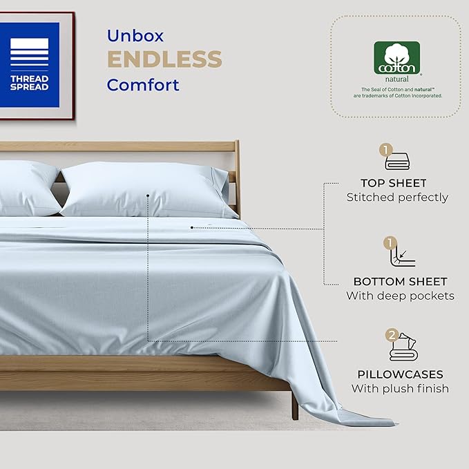 THREAD SPREAD 100% Cotton Queen Sheets Set - 400 Thread Count Queen Size Sheets (4 PC, Light Blue), 16" Deep Pocket All Around Elastic, Soft, Cooling, Durable & Breathable Sateen Weave Bed Sheet Set