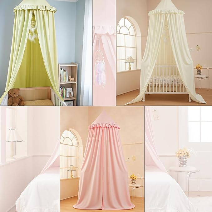 Akiky Kids Bed Canopy for Crib & Twin Size with Ruffles Dreamcatcher, Boys Princess Girls Nursery Room Decor Toddler Baby Dome Round Hanging Tent Curtains Skirt Over Bed Reading Nook Play Tents Green