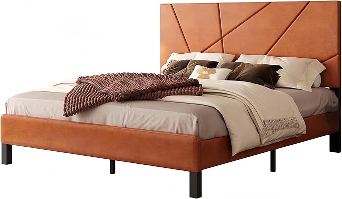 Upholstered Full Size Platform Bed Frame with Faux Leather Padded Headboard, Sturdy Metal Slats Support, No Box Spring Needed, Vintage Brown