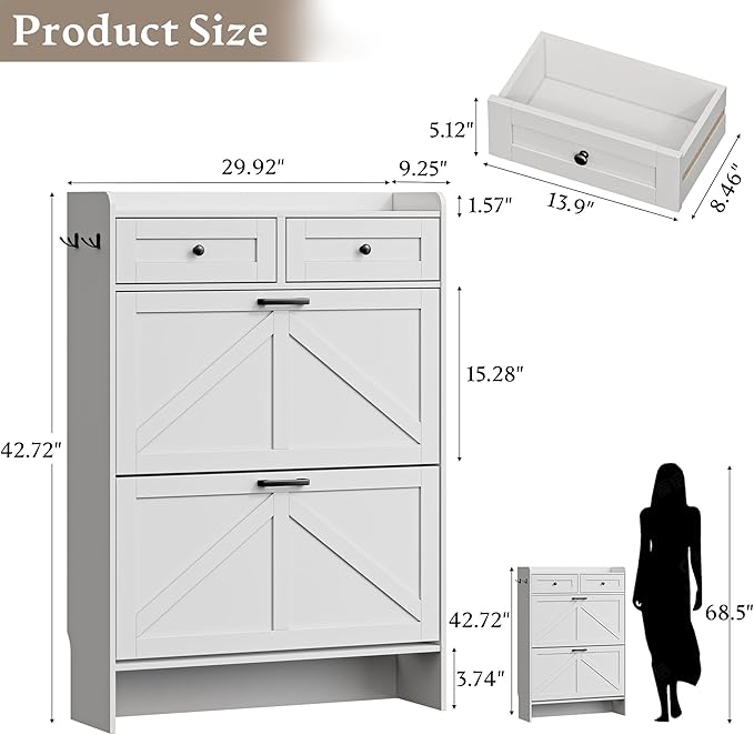 Shoe Storage Cabinet for Entryway, Farmhouse Narrow Shoe Cabinet with 2 Flip Drawers & Top Drawers, Adjustable Shelves & Hooks, Freestanding Hidden Rack Organizer for Hallway, Foyer