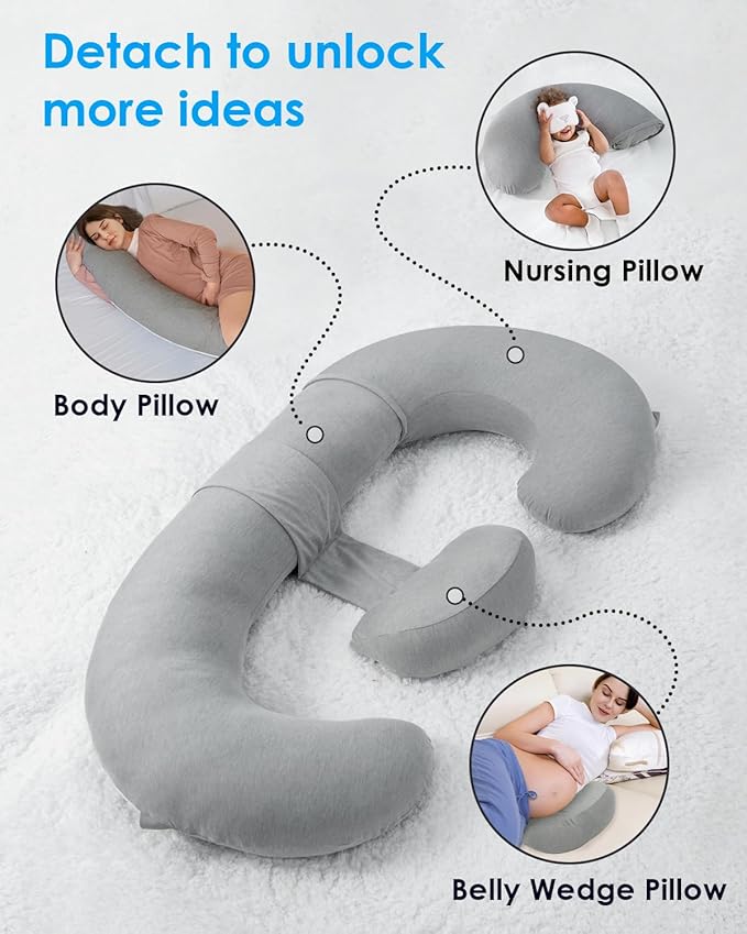 QUEEN ROSE Pregnancy Pillow, E Shaped Body Pillows for Sleeping Support, 60 Inch Maternity Pillow for Pregnant Women with Cooling Silky Cover, Grey