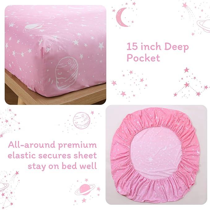 JSD Gradient Pink Moon Stars Kids Sheet Set Twin Size, 3 Piece Space Theme Microfiber Sheets Deep Pocket