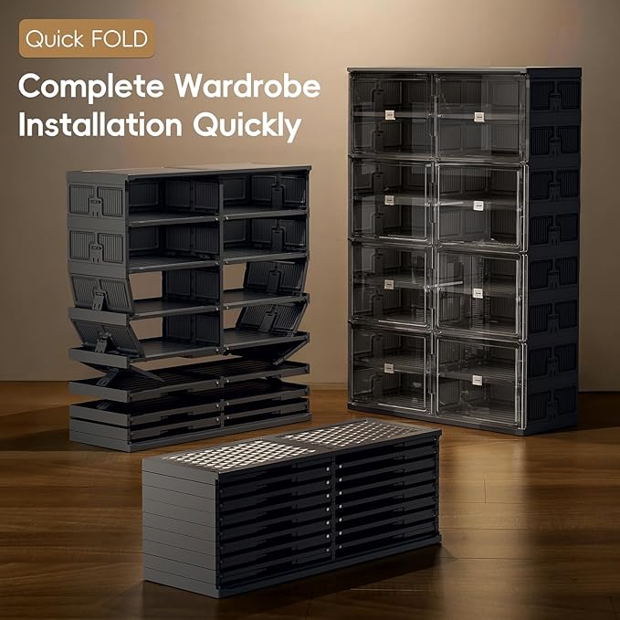 JEKO&JEKO 8-Tier Foldable Shoe Storage Cabinet with Magnetic Doors, Large Stackable Shoe Organizer Cabinet for Entryway (Black)