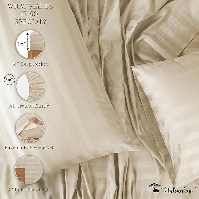 URBANHUT 800 Thread Count 100% Cotton Damask Full Size Sheets, 4 Piece Striped Full Size Bedsheets, Luxury Hotel Sheets Sateen Weave - Better Than Egyptian, 16" Elasticized Deep Pocket- Ivory