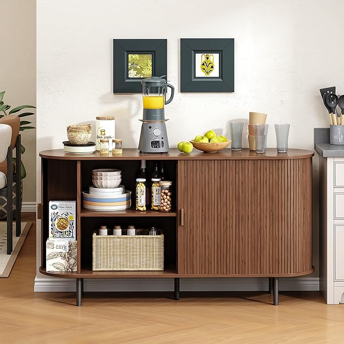 Buffet Cabinet with Storage, 55" Fluted Sideboard Buffet with Sliding Door, Coffee Bar Cabinet with Adjustable Shelf, Console Table, Accent Table for Entryway, Kitchen, Dining Room, Walnut