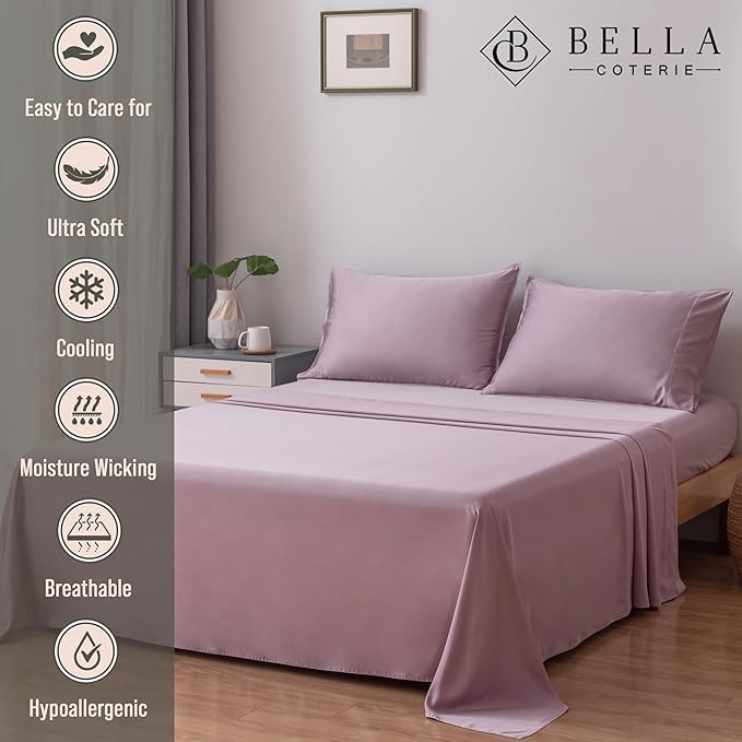 Bella Coterie Luxury Bamboo Viscose Split King Size Sheet Set | 2 Fitted Sheets for Sleep Number & Adjustable Beds | 100% Organically Grown | Cooling & Ultra Soft | 18” Deep Pocket [Lilac]