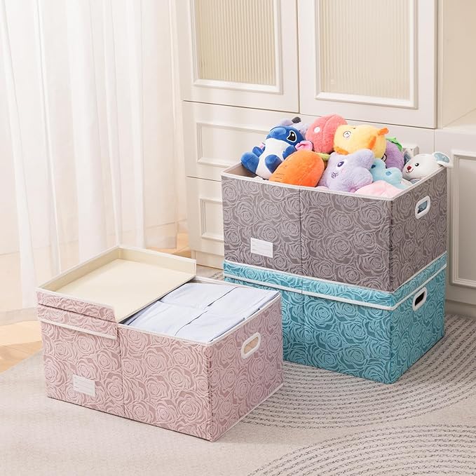 PRANDOM Extra Large Collapsible Storage Cubes with Lids Fabric Decorative Storage Bins Boxes Organizer Baskets with Cover Handles for Bedroom Closet Living Room 19.6x15.7x11.8 Inch 3 Pack