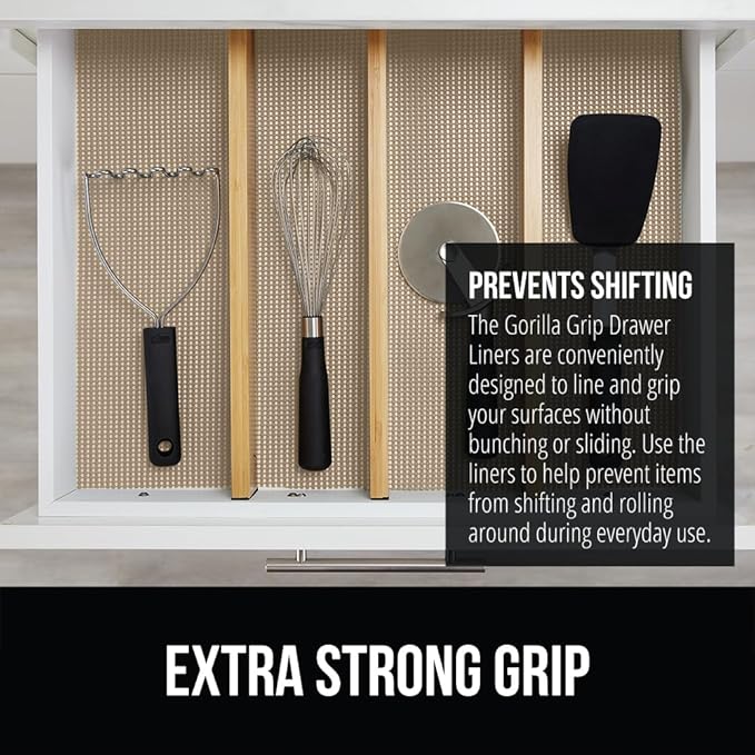 GORILLA GRIP powerGRIP Drawer Shelf and Cabinet Liner, Thick Strong Hold, Non-Adhesive Liners Protect Kitchen Cabinets and Cupboard, Bathroom Drawers, Easy Install, Breathable Mat, 17.5" x30', Beige