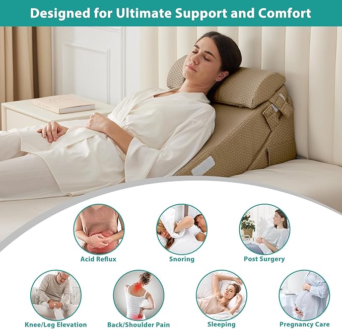 Bedluxe 3Pcs Orthopedic Bed Wedge Pillow Set, Foam Wedge Pillow Post Surgery for Back, Leg and Knee Support, Adjustable 9&12 Inch Folding Triangle Pillow for Sleeping, Acid Reflux, Snoring, Brown