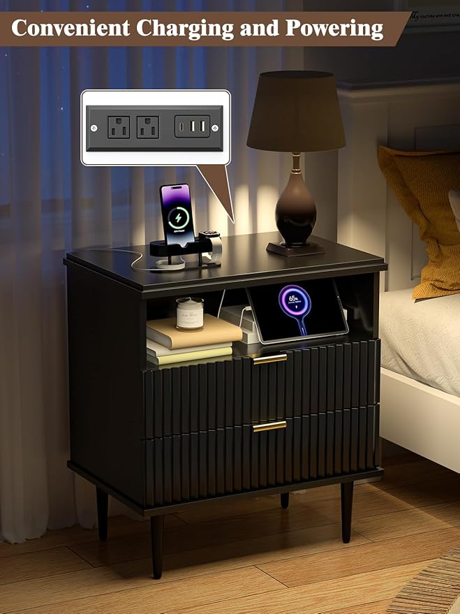 Nightstand with Charging Station, Wide Fluted Nightstand, Wood for Bedroom, Black Dresser with Storage Drawers, Bedside Table with Metal Handle & Leg (Black Set of 2, 23.3)