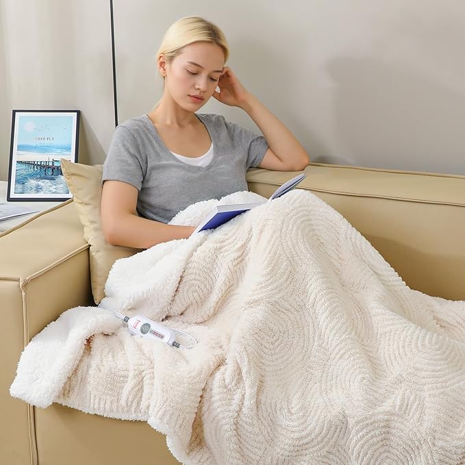 Heated Throw Blanket Electric - 50"x60" Cozy Soft Jacquard Heating Blanket with 4 Heat Levels & 4 Hours Auto-Off, Electric Throw with Overheating Protection, Warm Gifts, Cream