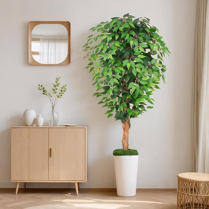 5ft Ficus Artificial Tree with 3 Natural Curved Trunks, 60" Tall Lush Faux Tree for Home Decor Indoor, Green Lifelike Fake Ficus Tree with White Planter Pot