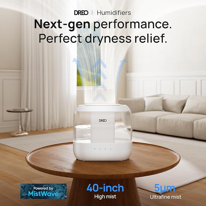 Dreo Humidifiers for Bedroom, 4L Top Fill for Large Room, 36H Runtime, 28 dB Quiet Supersized Cool Mist Air Humidifier for Baby Nursery, Plants, Indoor, Night Light, Easy to Clean & Fill, White