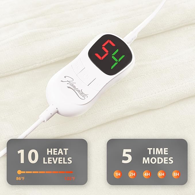 Homemate Electric Heated Blanket Full Size - 72"x84" Heating Blanket Full Size 1/2/4/6/8 Hours Auto-Off 10 Heat Level Over-Heat Protection Flannel Sherpa ETL Certification