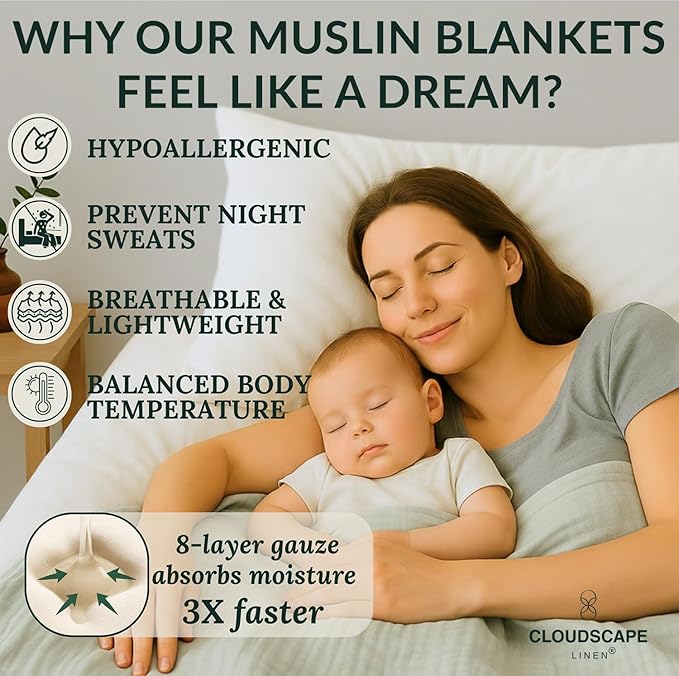 Cloud Scape Linen 8-Layer Muslin Blanket Queen Size - 100% Cotton, Soft and Breathable, Oversized Winter Blanket, Fits up to Full Size Bed, 92x92, Seafoam