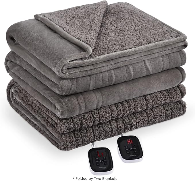 Bearhug Electric Blanket King Size 100" x 90", Dual Controller Heated Blanket, Velvet & Sherpa, 10-Heat Levels & 1-12H Auto Off, Over-Heat Protect, ETL, Machine Washable