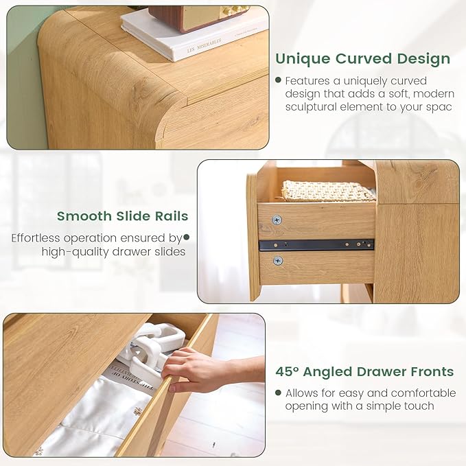 Chest of Dressers with 8 Drawers, 47’’ Wide Dresser with Anti-Tipping Device, Clothes Organizer for Bedroom, Natural Drawer Closet with Arc Design.