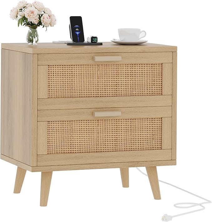 Rovaurx Rattan Nightstand with 2 Drawers, Bedside Table Small Night Stand with Charging Station, End Table for Bedroom, Boho Side Table with Solid Wood Legs for Bedroom, Modern Natural RCTG111ME