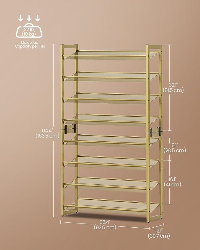 SONGMICS Shoe Rack, 8-Tier Shoe Organizer, Metal Rack for Garage, Set of 2, 4-Tier Stackable Shelf, with Adjustable Flat or Angled Shelves, 32-40 Pairs, Pale Gold ULMR08A02