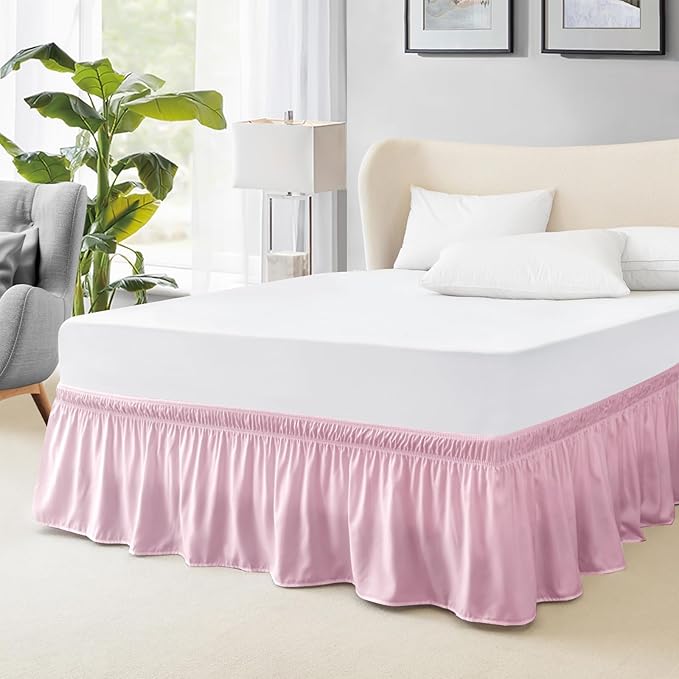 FreshCulture Twin Bed Skirt, Elastic Wrap Around Bed Skirt Twin Size, Bed Skirts for Adjustable Bed, Easy Fit with 18 Inch Drop Length, Hotel Quality Dust Ruffle for Twin Bed (Dusty Pink)
