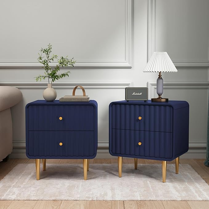 HLR Modern Nightstand Set of 2, Fluted Bed Side Table with 2 Drawers Storage, Wood End Table with Gold Metal Handle, Blue Night Stands for Bedroom