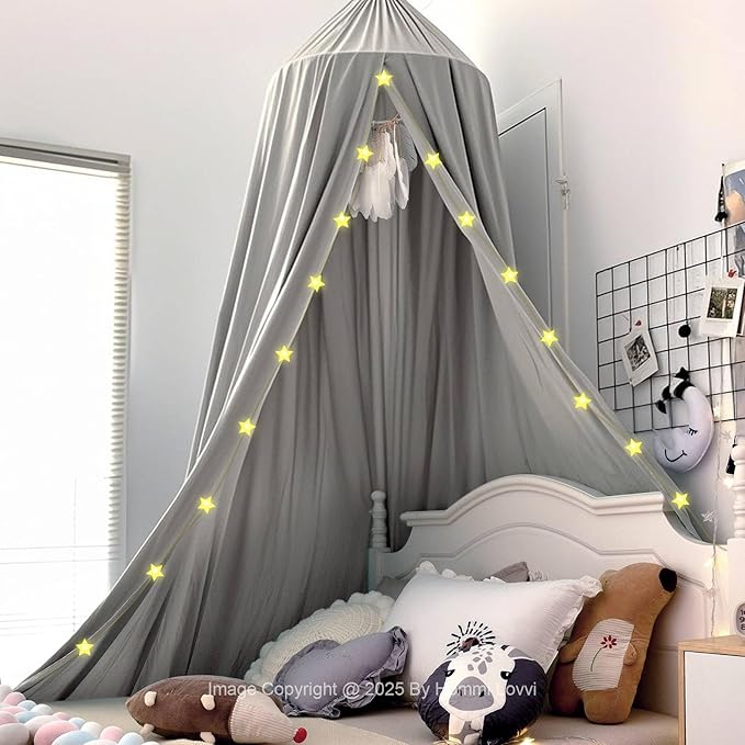 Grey Bed Canopy for Girls with Light, Princess Canopy Curtains for Twin Full Queen Size Kids Bed, Canopy for Girls Bed Room Decor, Hanging Castle Ceiling Tent