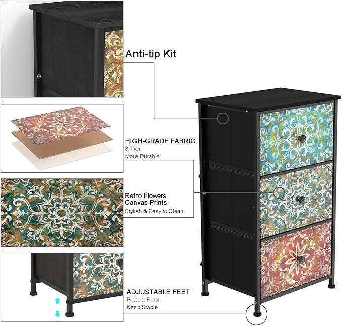 GiftGo Retro Dresser with Fabric Drawers Boho Mandala Flower Chest of Drawers Narrow Storage Tower for Small Spaces Gaps Bedroom Beautiful Nightstand Living Room Table (Mandala, 3 Drawers)