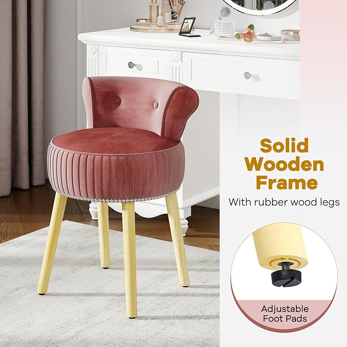CHARMAID Velvet Vanity Chair for Bedroom, Elegant Accent Chair with Tufted Low Back, Solid Wood Legs, Upholstered Seat, Modern Makeup Stool for Dressing Room, Home Office (Burgundy & Natural)