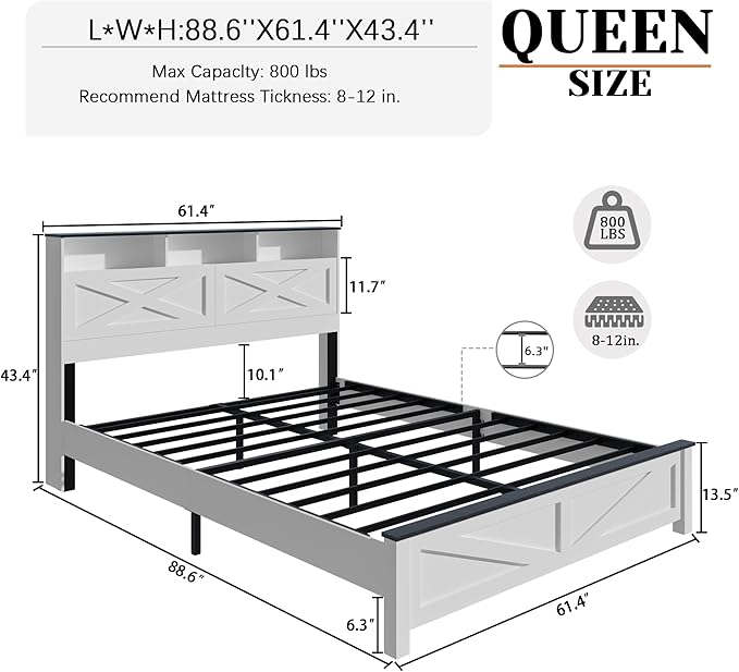 Queen Size Bed Frame with Wooden Storage Headboard, Farmhouse Platform Bedframe with LED Lights and Charging Station, Easy Assembly, No Box Spring Needed (White, Queen)