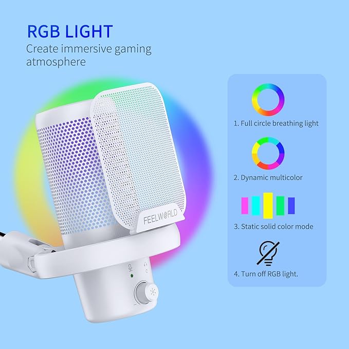 FEELWORLD VM1 White Gaming PC USB Microphone Condenser Mic with Noise Cancellation Mute RGB Light, Computer Accessories Gifts for Gamer YouTube Twitch Podcast Streaming Recording Online Chat PS4 PS5