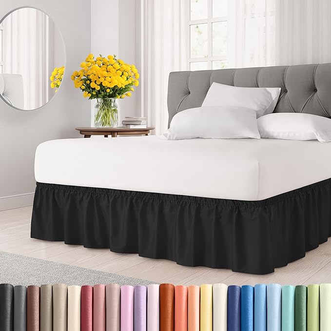 Wrap Around Dust Ruffle Bed Skirt - Black - for Full Size Beds with 15 Inch Drop - Easy Fit Elastic Strap - Adjustable Pleated Bedskirt w/Brushed Fabric - Wrinkle Free - for Women, Men, Kids & Teens