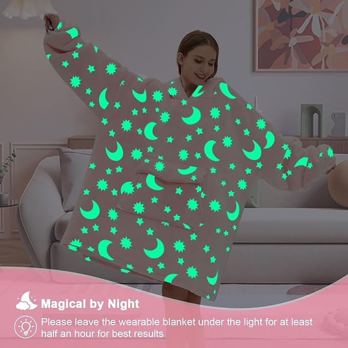 Glow in The Dark Wearable Blanket Hoodie for Adult,Oversized Sherpa Fleece Blanket Hoodie for Women Men,Luminous Moon and Stars