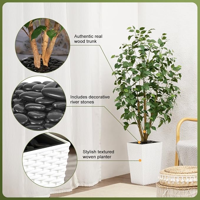 5ft Artificial Ficus Tree,Tall Faux Tree with Pebbles & Planter UV Resistant Potted Fake Plant with Silk Leaves & Real Wood Trunk,Indoor Outdoor Floor Plant for Home,Living Room,VN129
