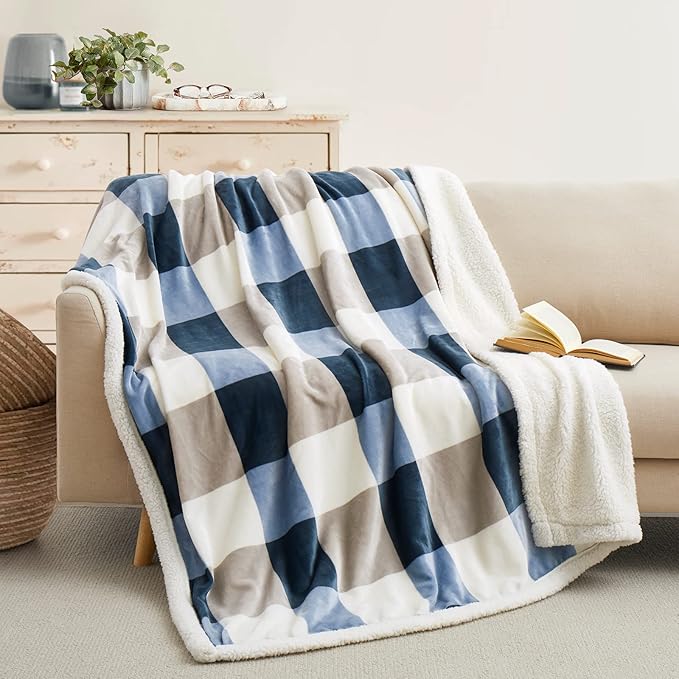 Sherpa Blanket Fleece Throw Blanket for Couch, Flannel Cozy Thick Warm Soft Twin Blanket for Bed, Gray-Soft Blue, 60x80 Inches