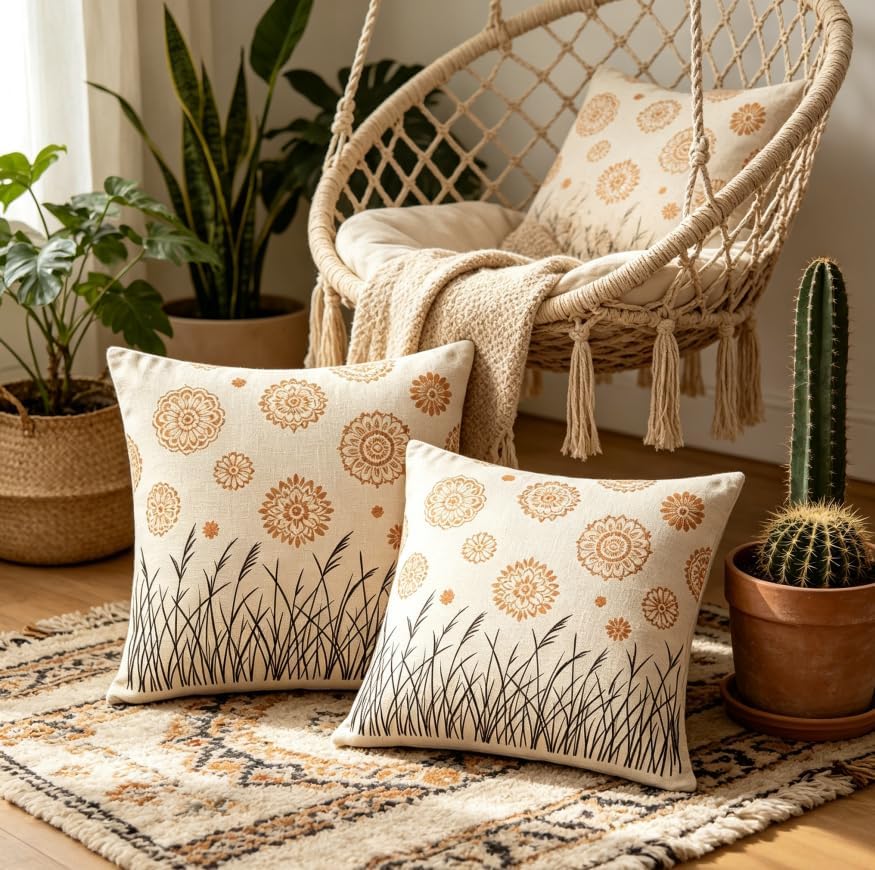Boho Floral Reed Throw Pillow Covers Set of 2, 18x18 Inch - Image 6