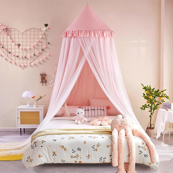 Kertnic 31.5inch Large Dome Bed Canopy for Girls, Double Layer Dreamy Ruffle Princess Canopy, Bedroom Hanging Tent Kids Reading Nook Canopies,Full Queen Bed Canopy Curtain (Beige Pink)