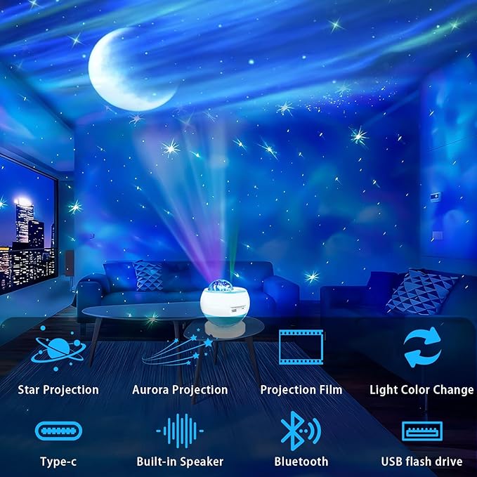 Northern Lights Projector Galaxy Projector for Bedroom, 3 HD projection lenses,16-Color Moon Light,USD&Bluetooth Speaker Str Projector Galaxy Lights, Ambient Lighting,Lights for Bedroom Gifts for Boys