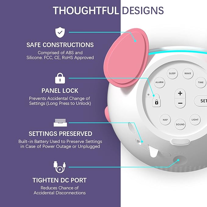 OK to Wake Clock for Kids, Sleep Training Clock with Night Light and Sound Machine, Kids Alarm Clock for Bedrooms (Pink)