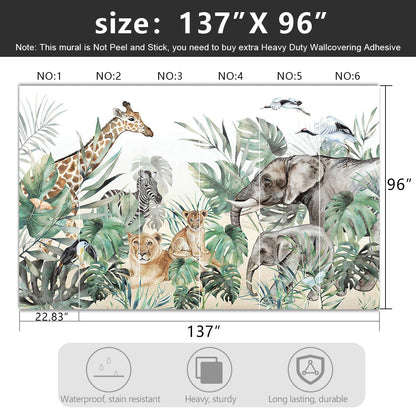 -Tropical Rainforest Plants Animals Tigers Fabric Wallpaper Jungle Plants Banana Leaves Boys Girls Kindergarten Children Bedroom Large Mural- 137"x96"（ not Peel and Stick）