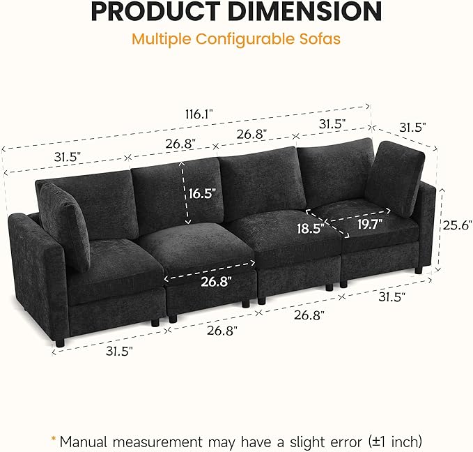 116'' 4-Seater Modular Sectional Cloud Sofa, Straight-Line Couches for Living Room, Modern Upholstered Deep Seat Sofa, Chenille Dark Grey