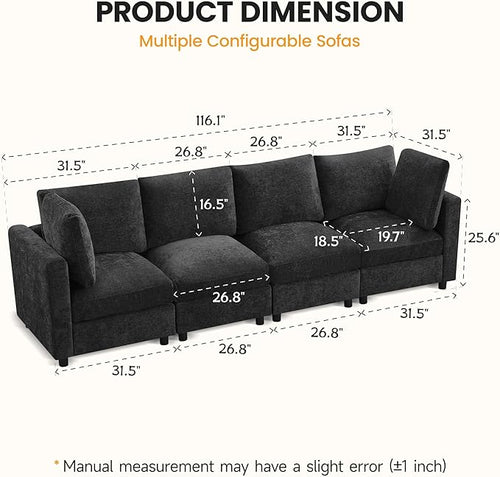 116'' 4-Seater Modular Sectional Cloud Sofa, Straight-Line Couches for Living Room, Modern Upholstered Deep Seat Sofa, Chenille Dark Grey