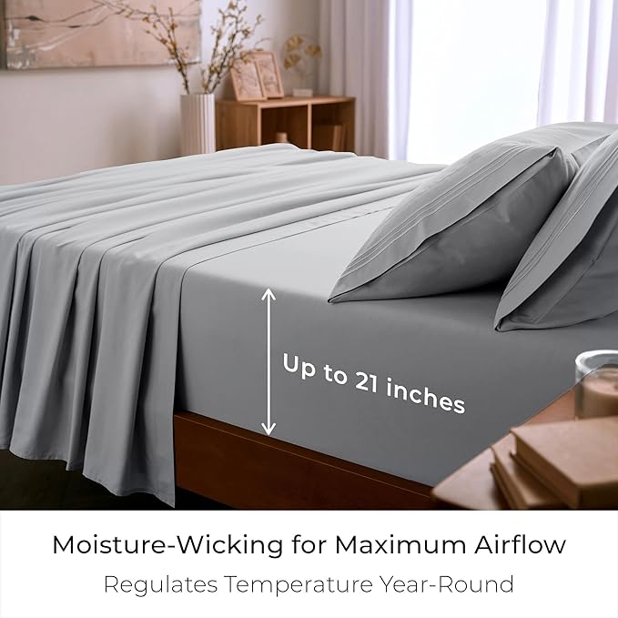 Mellanni California King Sheet Set - 6-Piece Iconic Collection Bedding, (Including 4 Pillowcases), 21-Inch Extra Deep Pocket, Easy Care, Ultra Soft, Cooling Sheets, Brushed Microfiber - Light Gray