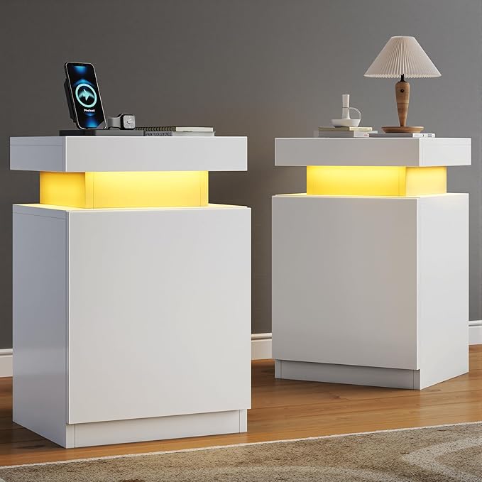 MXV Nightstand Set of 2 with LED Lights,Night Stand with Storage Cabinet for Bedroom,Bedside Table with LED (White, 17.7IN)