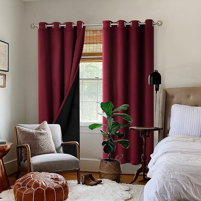 BGment Thermal Insulated 100% Blackout Curtains for Bedroom with Black Liner, Double Layer Full Room Darkening Noise Reducing Grommet Curtain (52 x 84 Inch, Burgundy Red, 2 Panels)