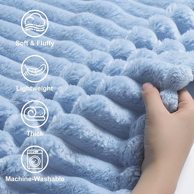 decorUhome Christmas Soft Fleece Blue Grey Throw Blanket for Couch, Cozy Fluffy Plush Flannel Striped Blanket for Sofa Bed, Lightweight Decorative Ribbed Fuzzy Blanket for Woman, 50x60 Inches